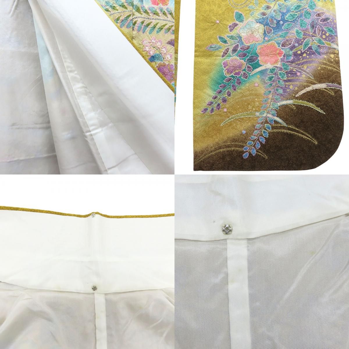 中古】 振袖 正絹 マスタード 成人式 辻が花 和装 呉服 和服 きもの