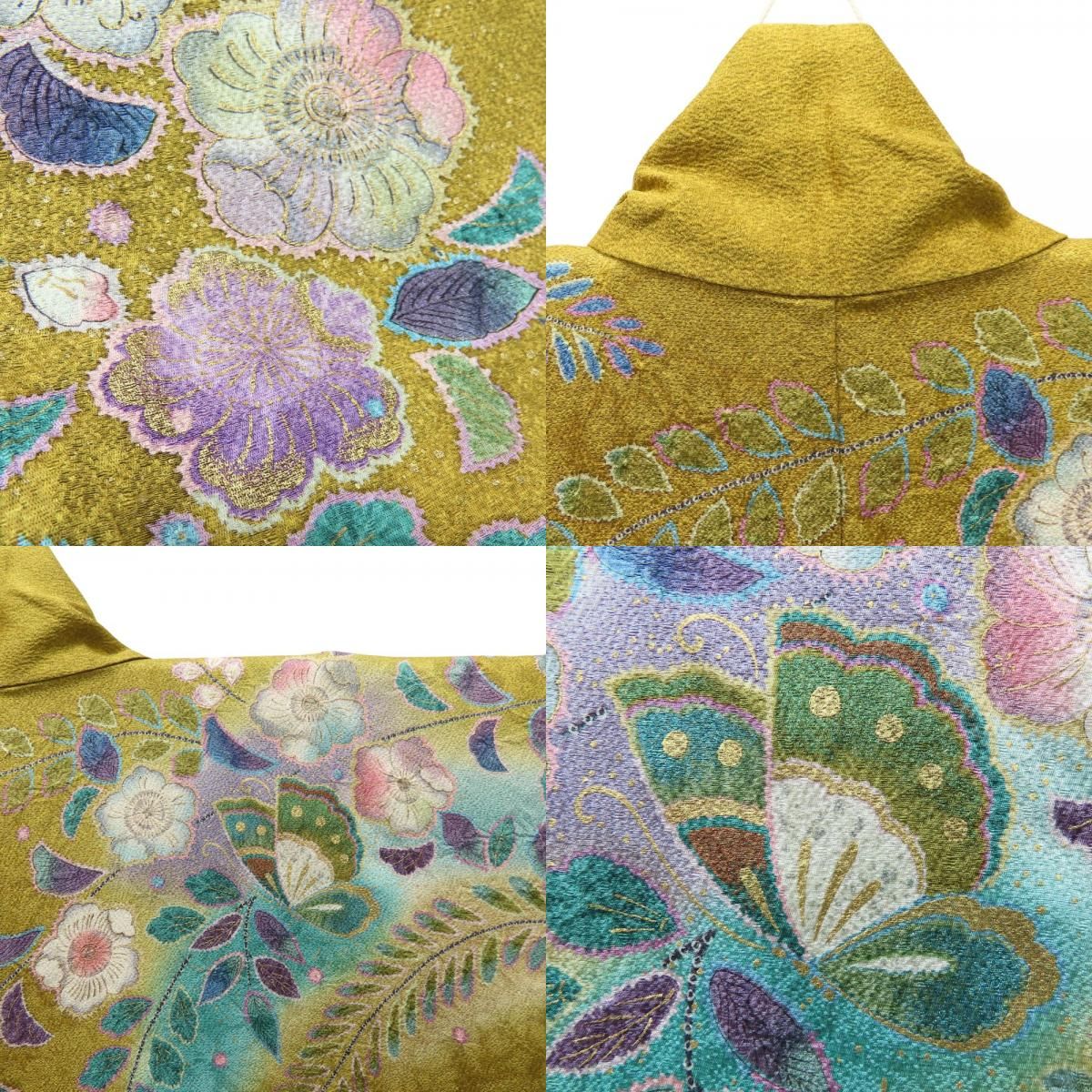 中古】 振袖 正絹 マスタード 成人式 辻が花 和装 呉服 和服 きもの