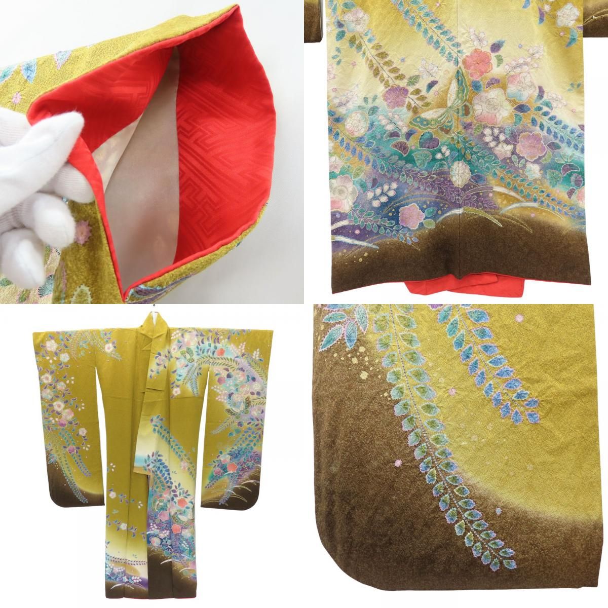 中古 振袖 正絹 マスタード 成人式 辻が花 和装 呉服 和服 きもの レディース 女性 中古】 振袖 正絹 マスタード 成人式 辻が花 和装 呉服 和服 きもの