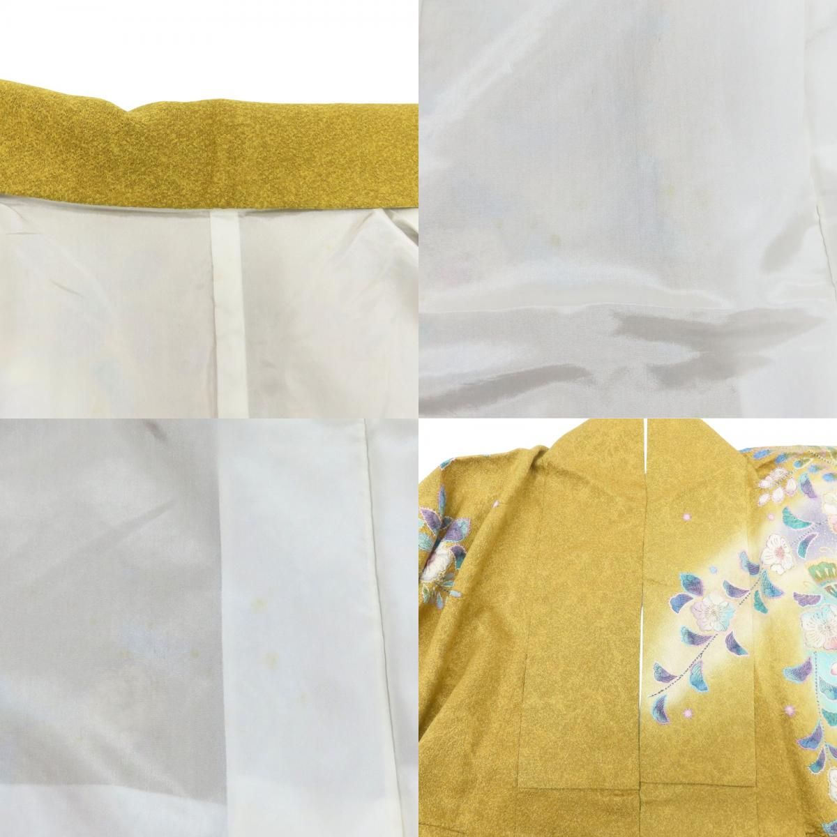 中古】 振袖 正絹 マスタード 成人式 辻が花 和装 呉服 和服 きもの