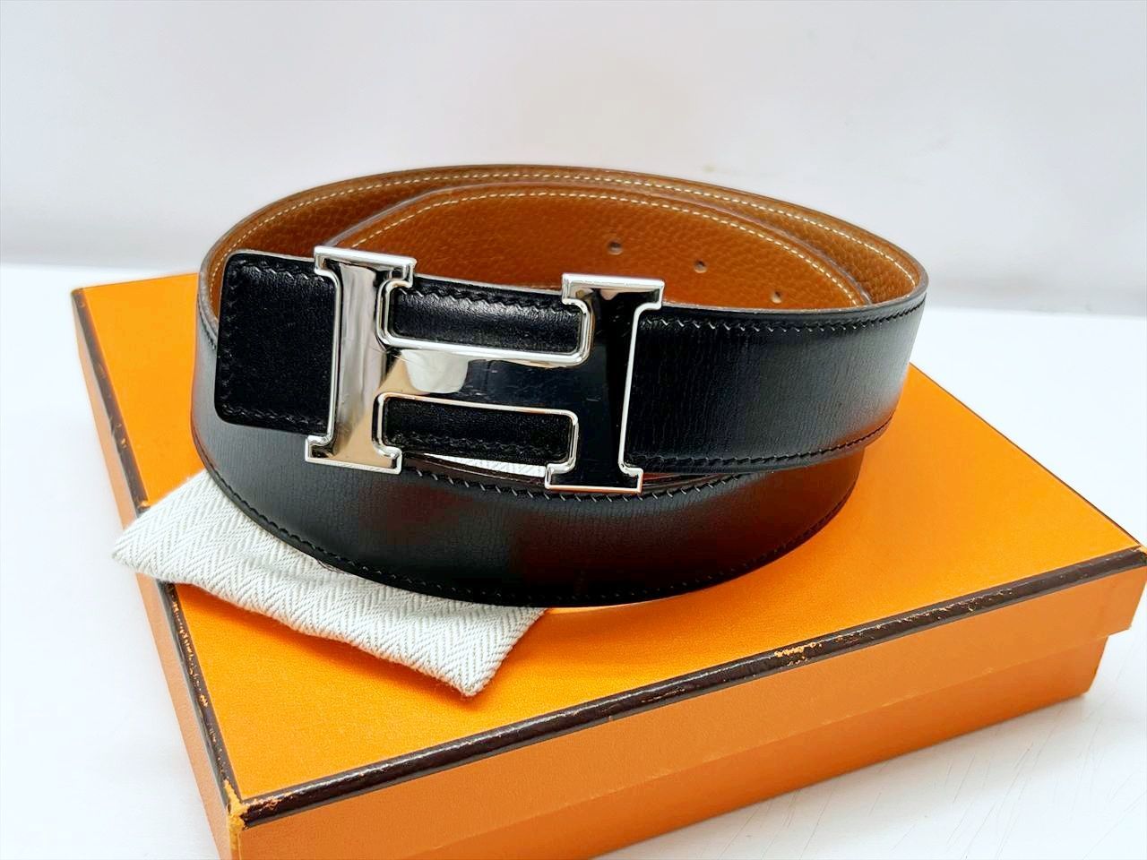 良好品 HERMES エルメス コンスタンス レザー リバーシブル ベルト 70 黒 ブラウン シルバー H