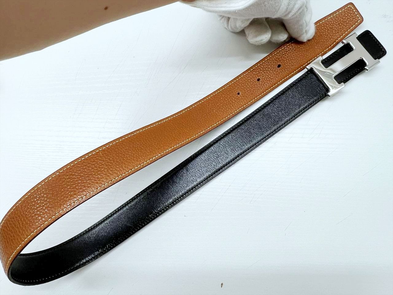 良好品 HERMES エルメス コンスタンス レザー リバーシブル ベルト 70 黒 ブラウン シルバー H ベルト 小物