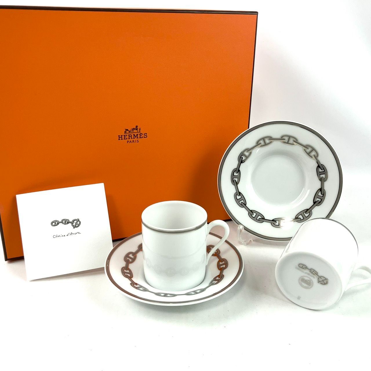 HERMES エルメス デミタスカップ＆ソーサー2客セット シェーヌダンクル プラチナ き