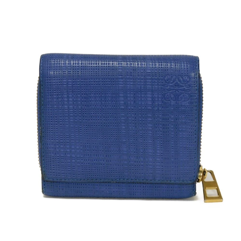 LOEWE ロエベ リネン ジップ コンパクト ウォレット テクスチャード カーフ ラウンドファスナー 札入れカードケース コインケース アナグラム エンボス ブルー 三つ折り財布