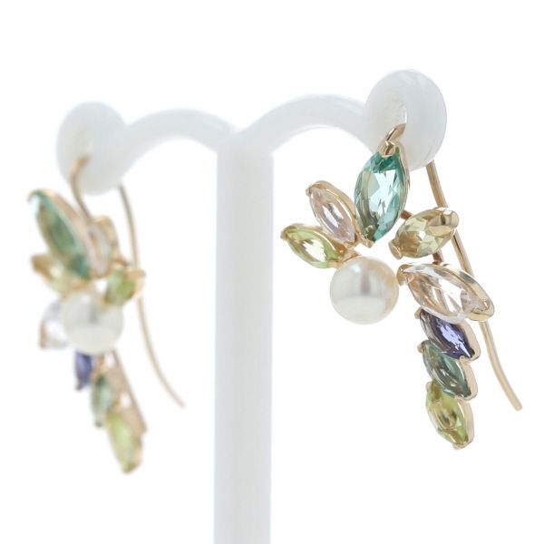 K 10 YG イヤークリップ イヤリング 真珠 ムーンストーン ペリドット アイオライト マーキス リーフ 仕上済 zz