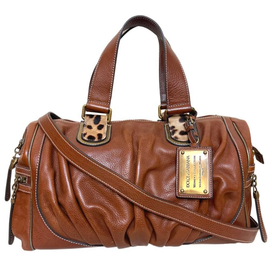 DOLCE-GABBANA ドルチェ＆ガッバーナ バッグ レザー ハラコ レオパード ボストン 2WAY ブラウン