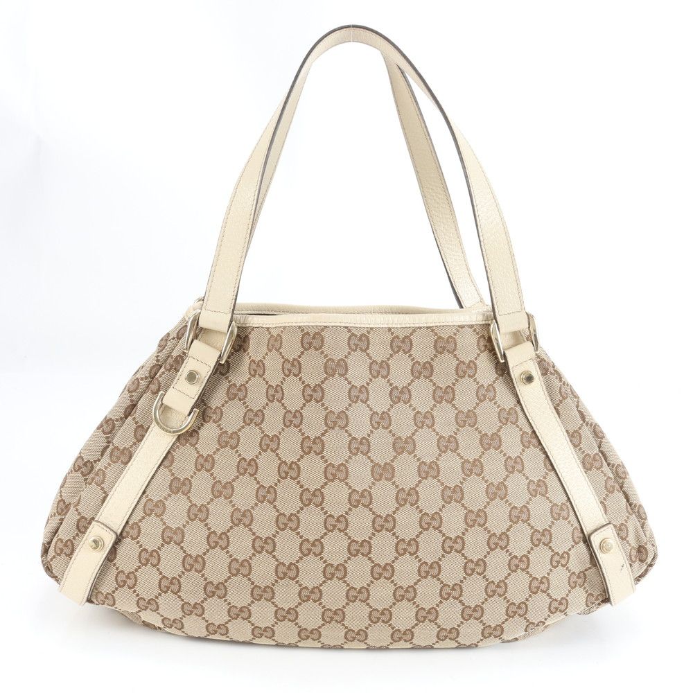 グッチ GG キャンバス アビー レザー トート バッグ 肩掛け ショルダー 130736 ブラウン 茶色 本革 レディース RRE CZ15-5