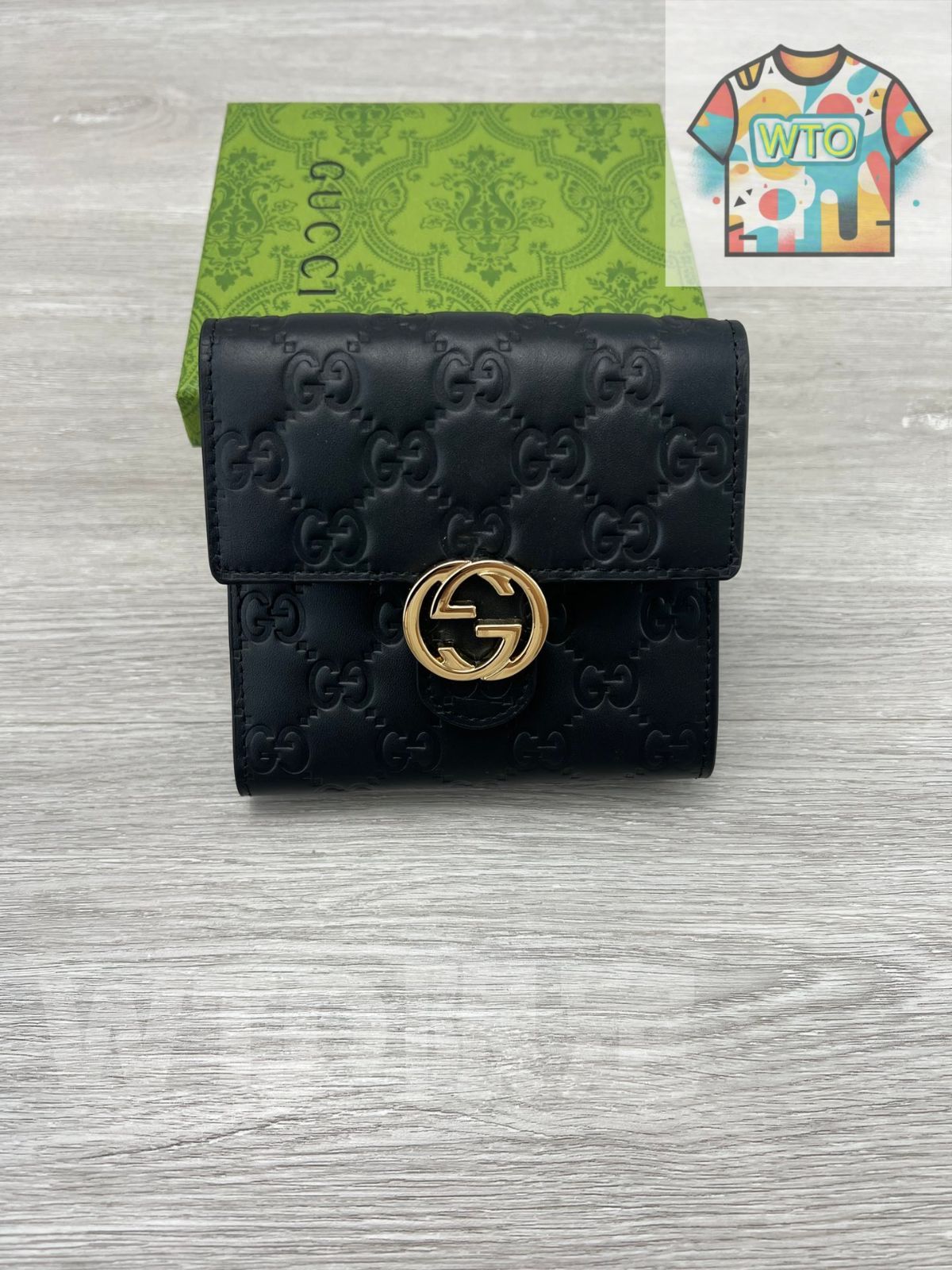 GGエンボスレザー ショートウォレット ブラック イタリア製 環境配慮型レザー -WT 0輸入