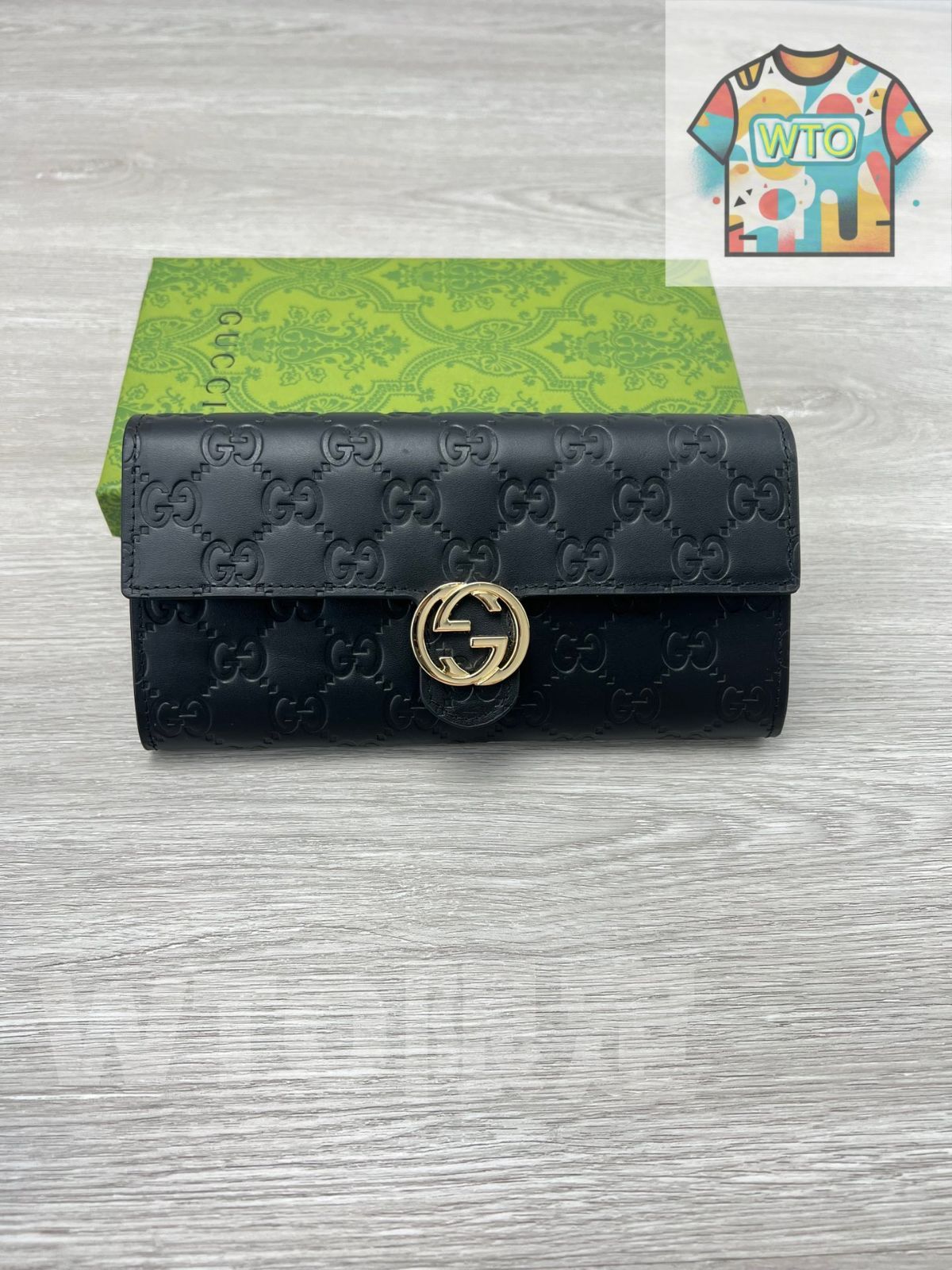GGエンボスレザー ロングウォレット ブラック イタリア製 環境配慮型レザー -WT0輸入