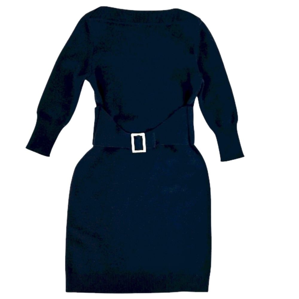 シャネル ワンピース レディース ベルト付き 長袖 ニットワンピース アパレル 服 CHANEL 38 ネイビー 紺 ゴールド金具 ウール カシミヤ ナイロン スパンデックス 秋 冬 2009年 品