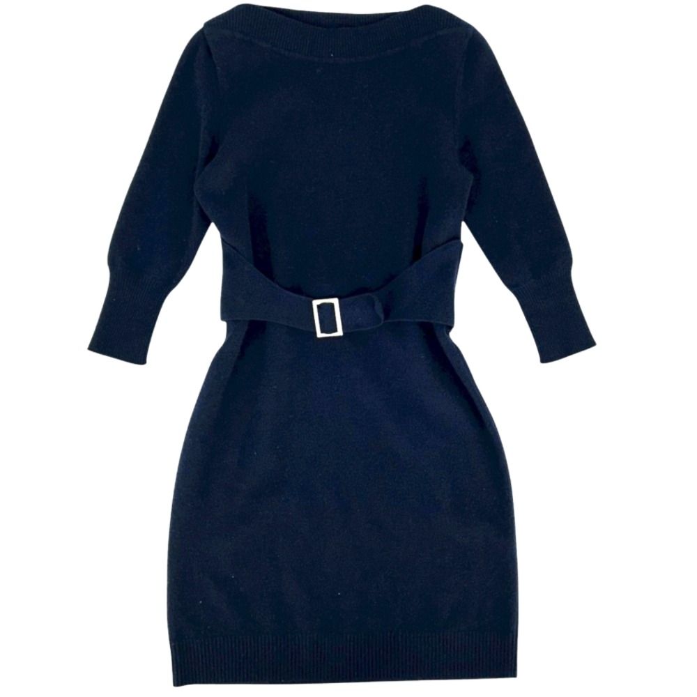 シャネル ワンピース レディース ベルト付き 長袖 ニットワンピース アパレル 服 CHANEL 38 ネイビー 紺 ゴールド金具 ウール カシミヤ ナイロン スパンデックス 秋 冬 2009年 品