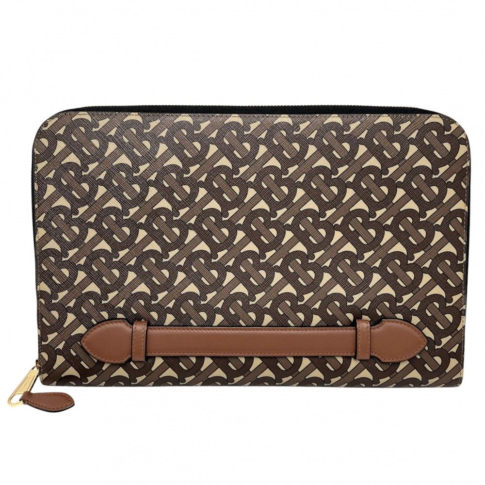 バーバリー クラッチバッグ メンズ TBロゴ セカンドバッグ 総柄 BURBERRY PVCコーティングキャンバス レザー ブラウン 茶 ベージュ ゴールド金具 品