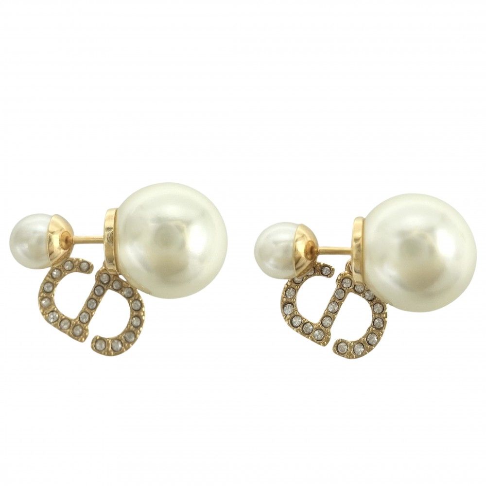 ディオール ピアス レディース CDロゴ トライバル スイング Dior Tribales Dior フェイクパール クリスタル ホワイト 白 ゴールド金具 約5.4g 品