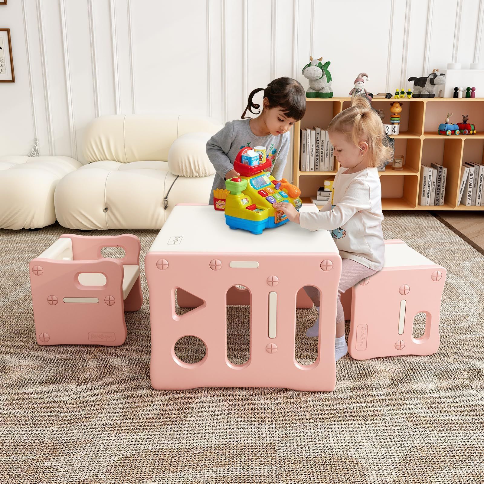 数量 BanaSuper 子供用テーブルと椅子3点セット アクティビティ デスク チェア プラスチック 収納 家具 リビング学習 絵かき ダイニング プレイセット ホワイトとピンク