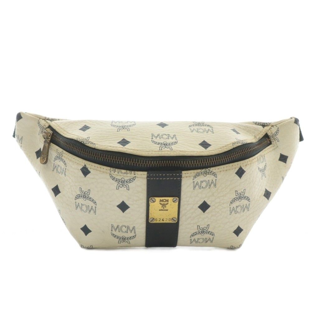 エムシーエム MCM ベルトバッグ ボディバッグ ウエストバッグ レザー ヴィセトス柄 総柄 ロゴ 白 ホワイト 黒 ブラック XZ GY18