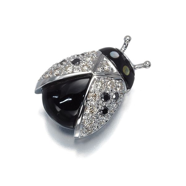 オニキス シェル ブラック-クリア ダイヤ ダイヤモンド 0.26 ct 0.08 テントウムシ ブローチ K 18 WG 180762
