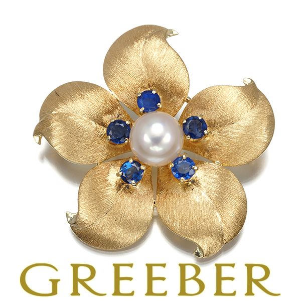 ミキモト ブローチ パール 真珠 7.0mm サファイア フラワー 艶消し ヴィンテージ K14YG 179638