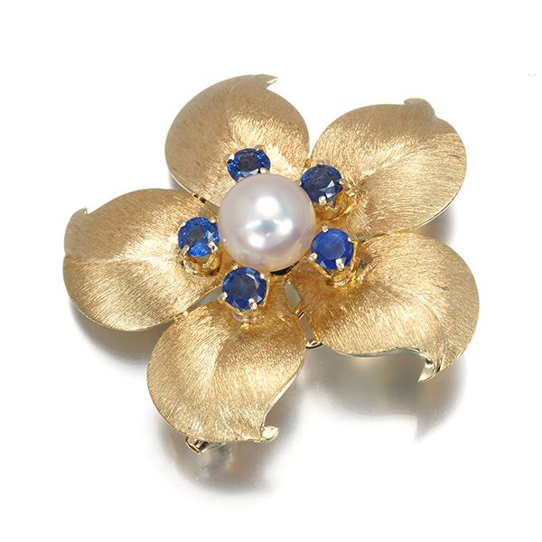 ミキモト ブローチ パール 真珠 7.0 mm サファイア フラワー 艶消し ヴィンテージ K 14 YG 179638