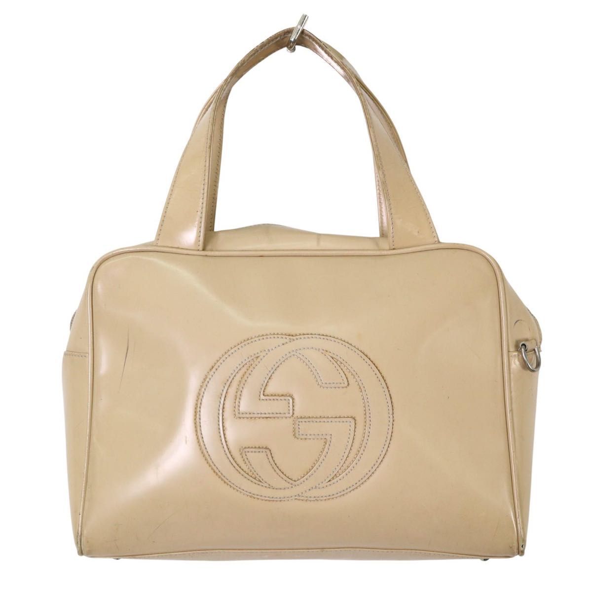 訳あり】GUCCI グッチ GGロゴ ハンドバッグ ベージュ系 パテントレザー