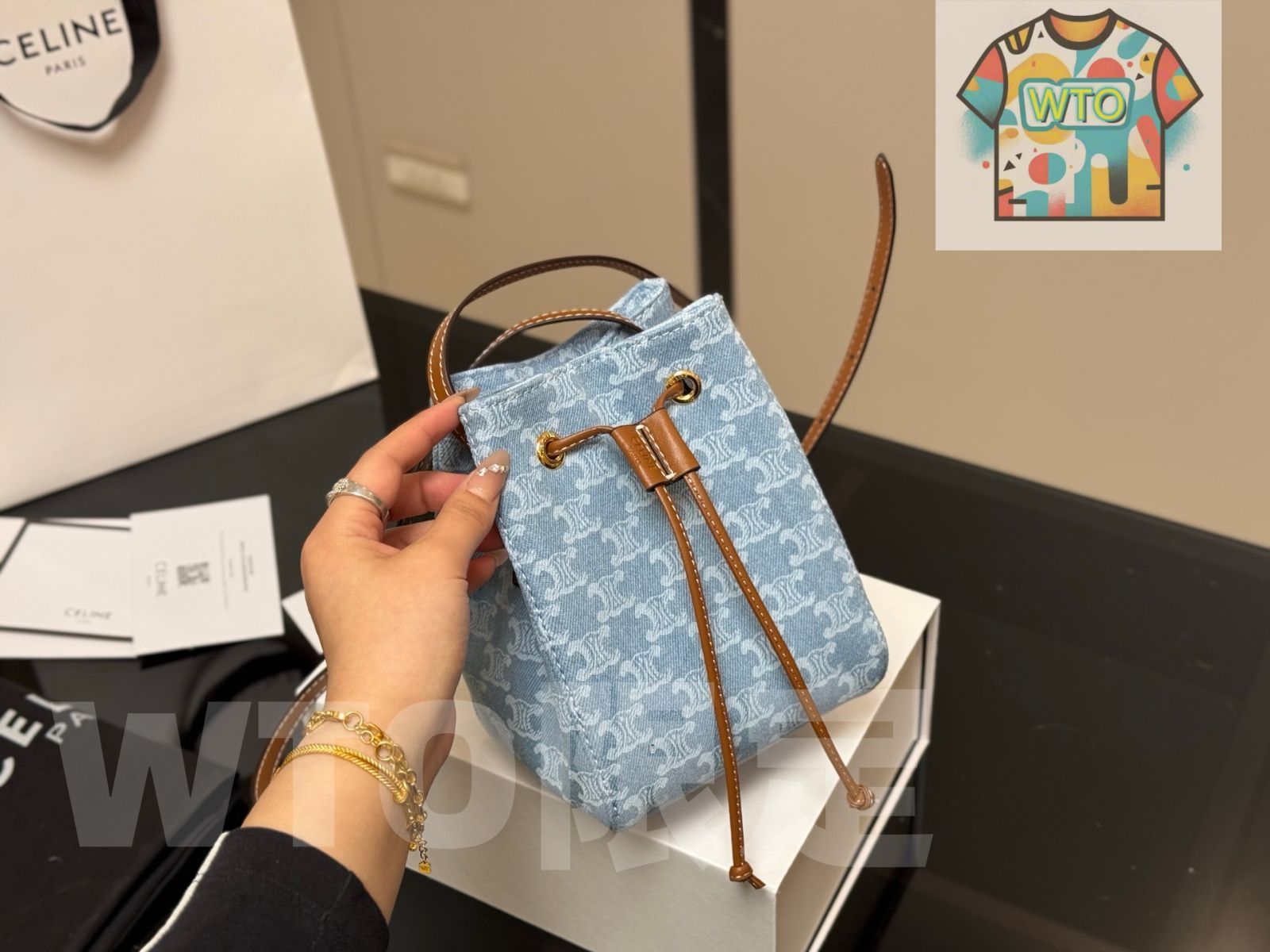 今日 Celine セリーヌ バケットバッグ デニム ヴィンテージプリント 14×19cm