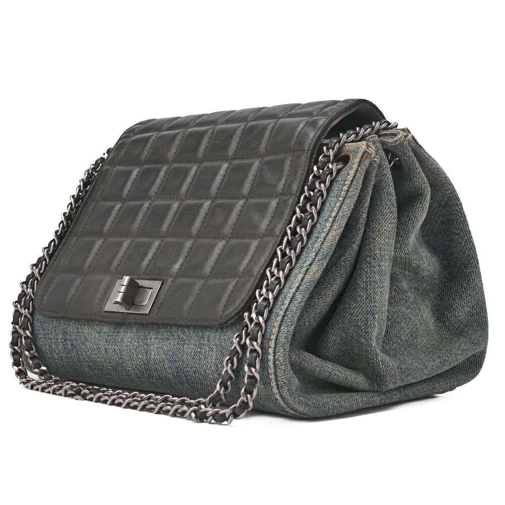 CHANEL シャネル チョコバー 2.55ロック チェーンショルダー デニム×ラムスキン 黒×ブルー シルバー金具 レディース バッグ レディース