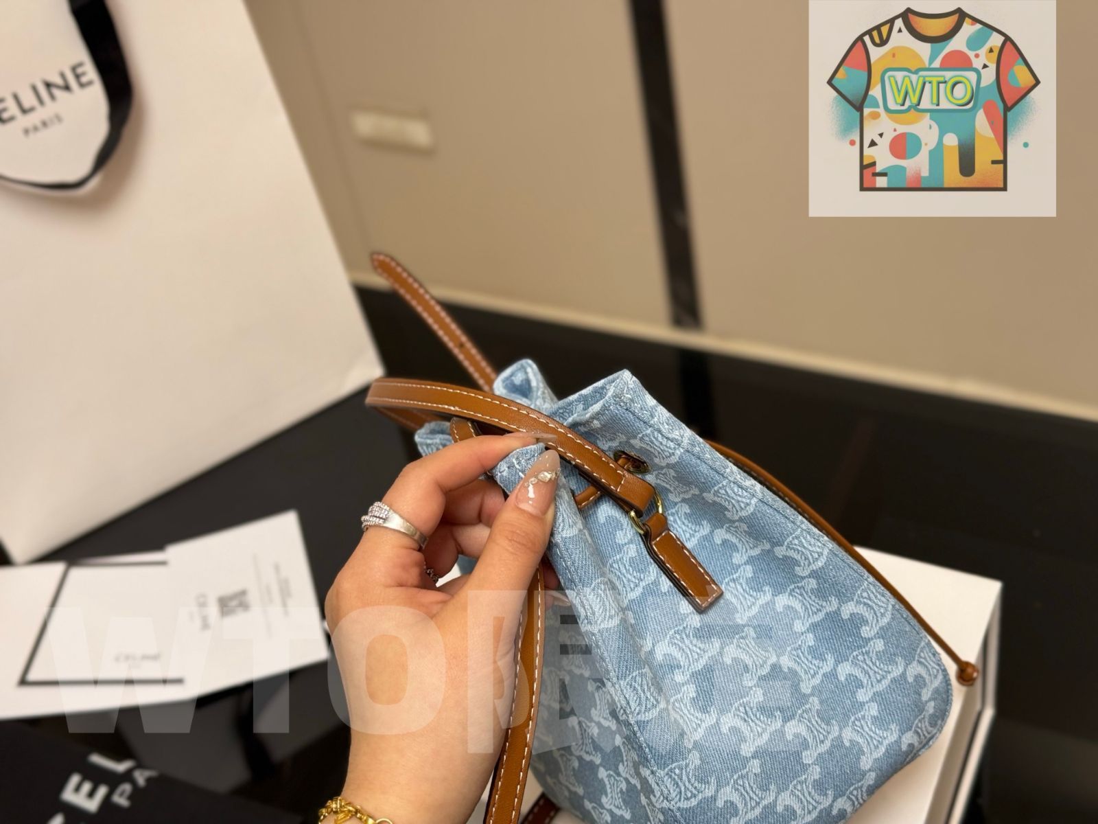  今日 Celine セリーヌ バケットバッグ デニム ヴィンテージプリント ショルダーバッグ ショルダーバッグ