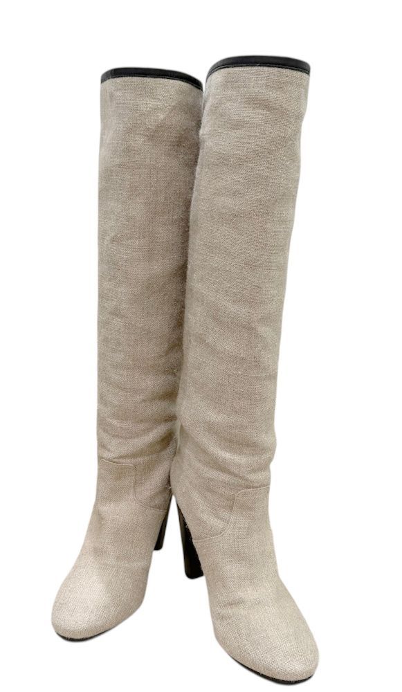 HERMES エルメス ロングブーツ リネン レザー ベージュ ブラック サイズ ＃35 5 約22 cm レディース