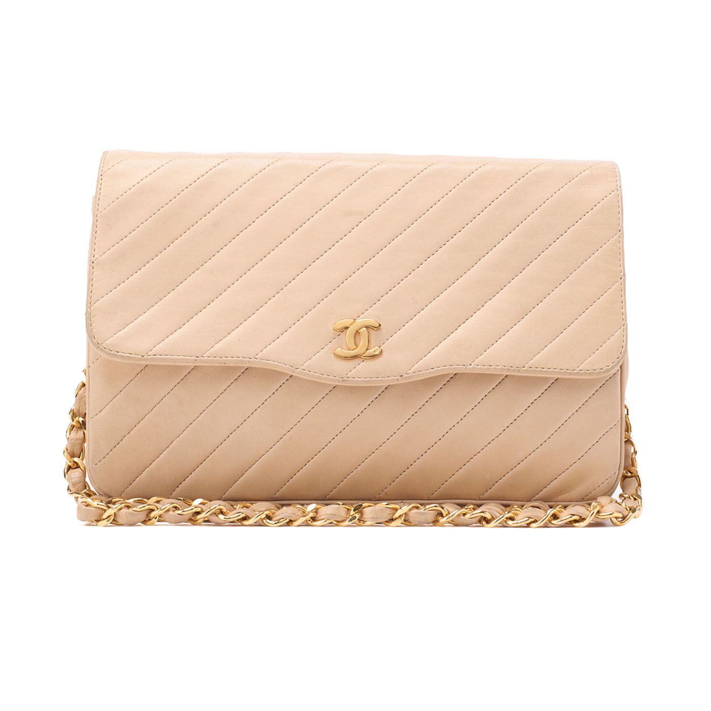 CHANEL シャネル 斜めステッチ プッシュロック チェーンショルダーバッグ ラムスキン ベージュ ゴールド金具 レディースバッグ ハイブランド