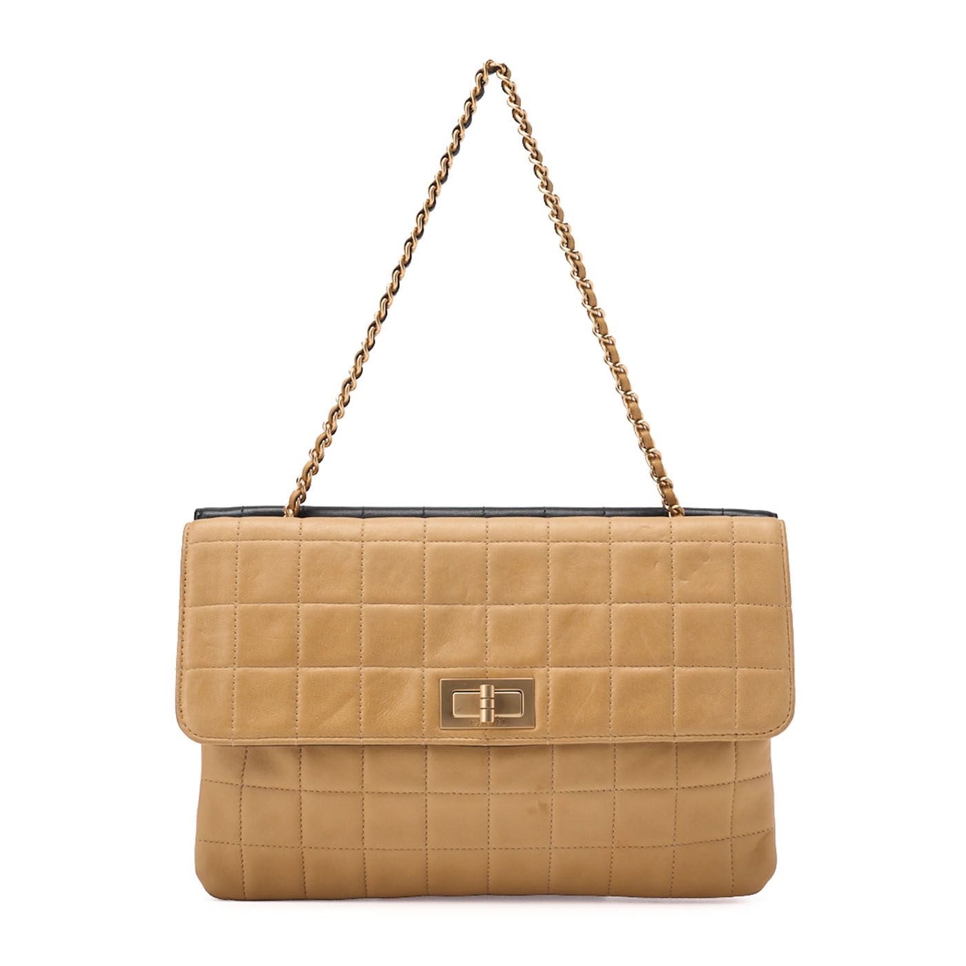 CHANEL シャネル チェーンハンド チョコバー 2.55 ターンロック ラムスキン 黒×ベージュ ゴールド金具 レディース バッグ レディース