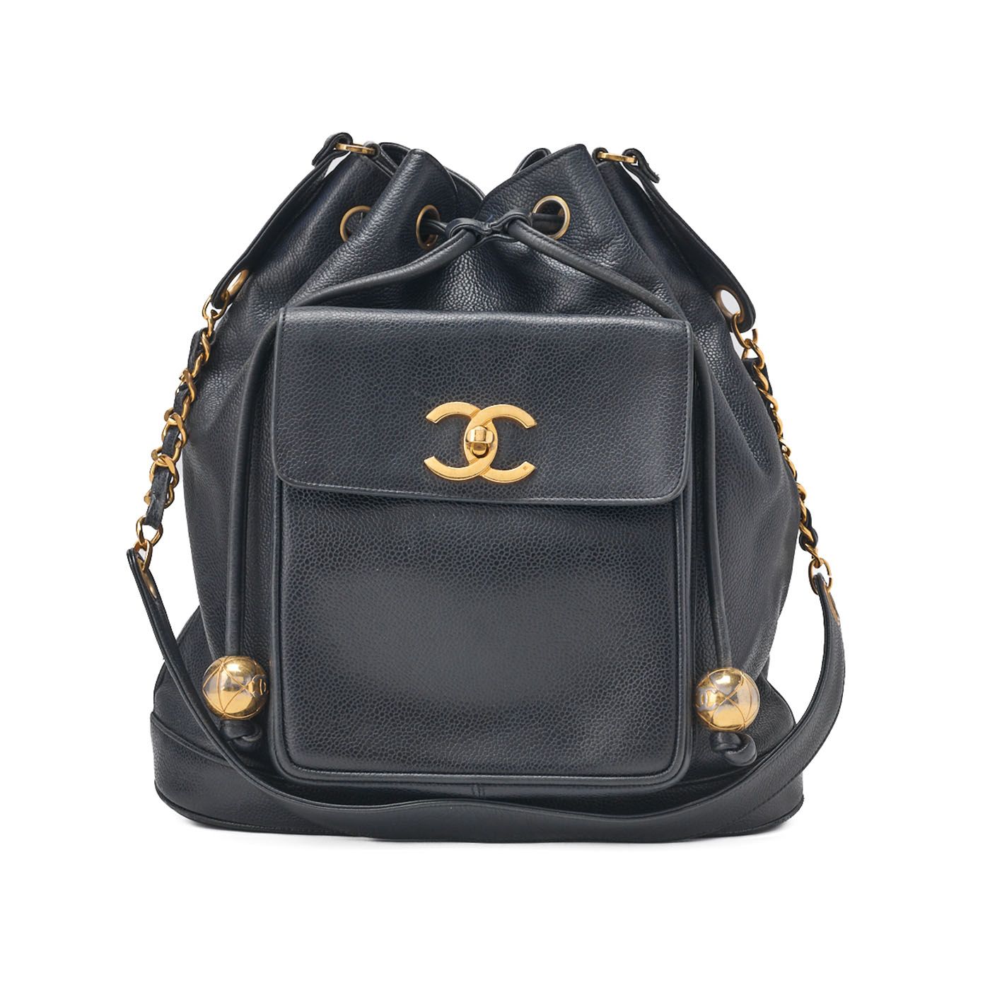 CHANEL シャネル チェーンショルダーバッグ アウトサイドフラップ 巾着型 キャビアスキン ネイビー ゴールド金具 レディースバッグ ブランド