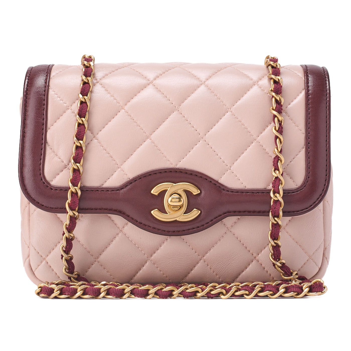 CHANEL シャネル チェーンショルダーバッグ ミニ マトラッセ シングルフラップ ラムスキン バイ ピンクベージュ×ボルドー ゴールド金具 レディースバッグ ブランド