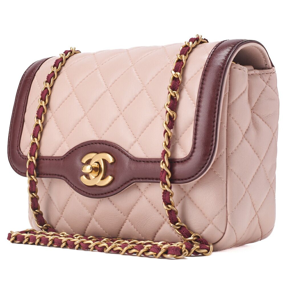 CHANEL シャネル チェーンショルダーバッグ ミニ マトラッセ シングルフラップ ラムスキン バイ ピンクベージュ×ボルドー ゴールド金具 レディースバッグ ブランド