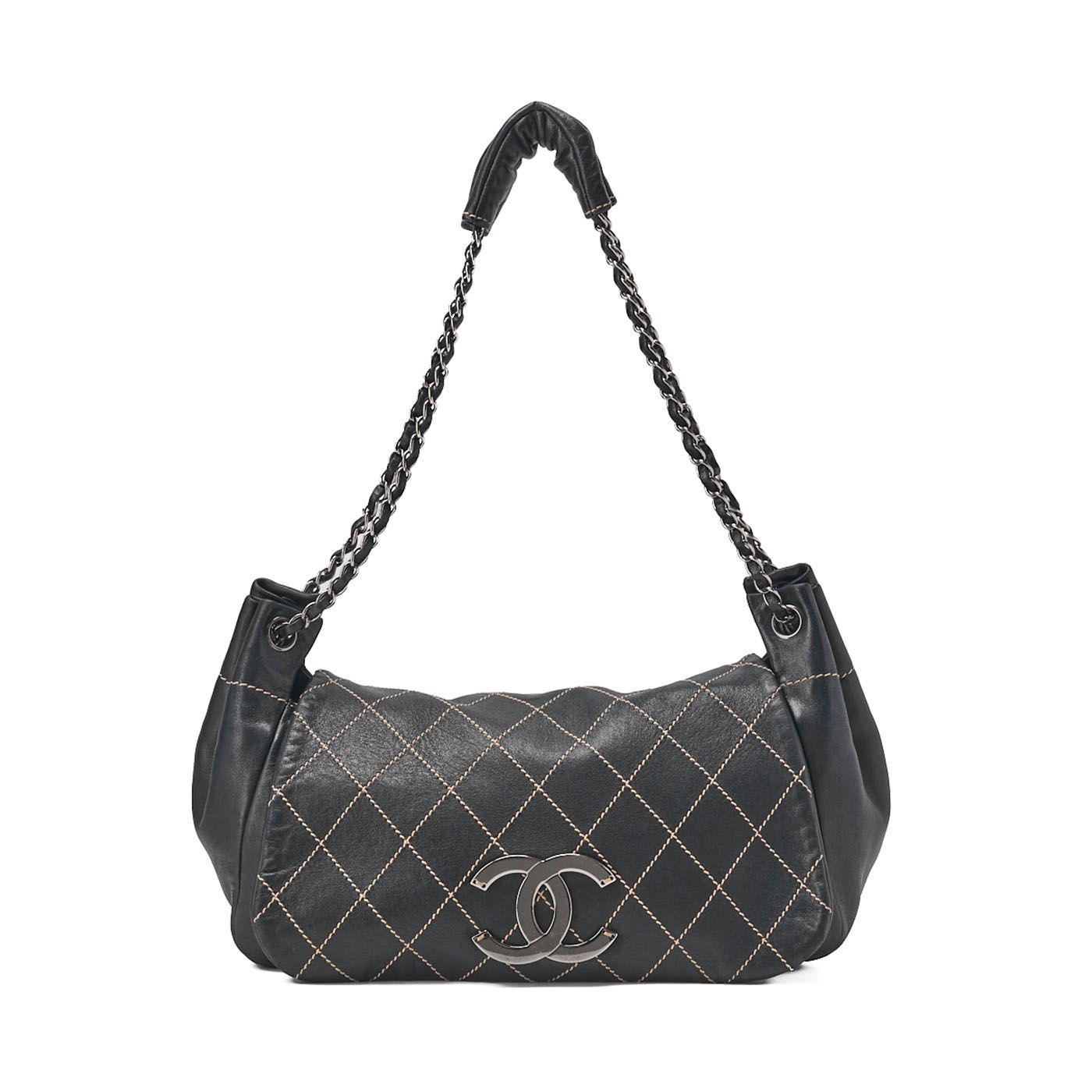 CHANEL シャネル チェーンショルダーバッグ ワイルドステッチ ラムスキン デカココ 黒 シルバー金具 レディース バッグ