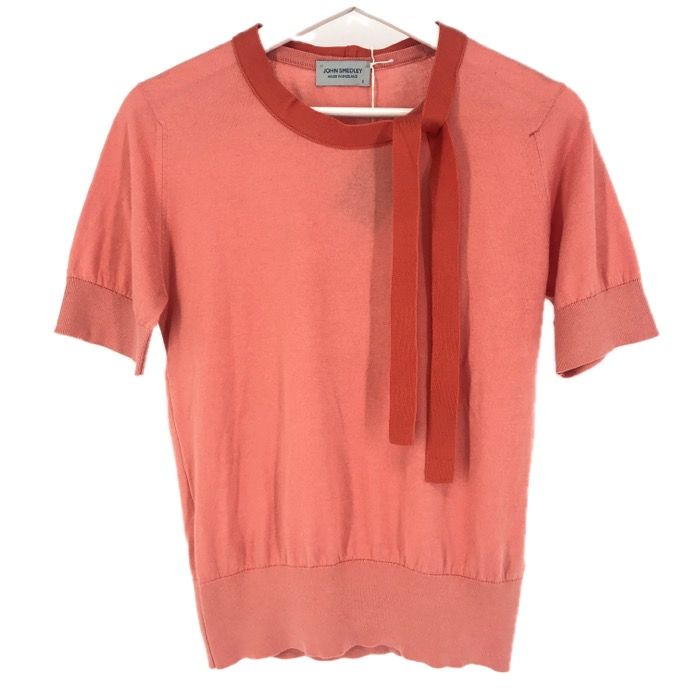 JOHN SMEDLEY ジョンスメドレー タイ付き ニットプルオーバー 半袖 S4681 コットン コーラルピンク M相当 レディース