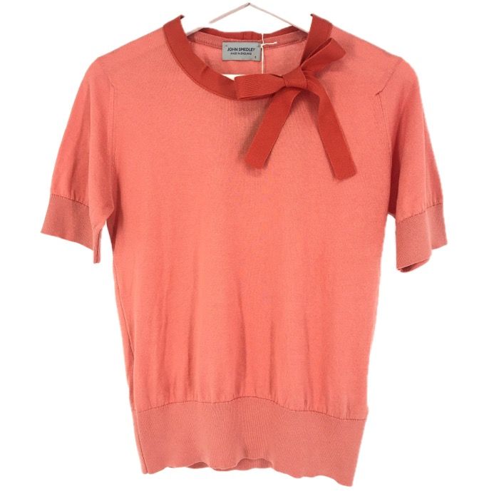 JOHN SMEDLEY ジョンスメドレー タイ付き ニットプルオーバー 半袖 S4681 コットン コーラルピンク M相当 レディース