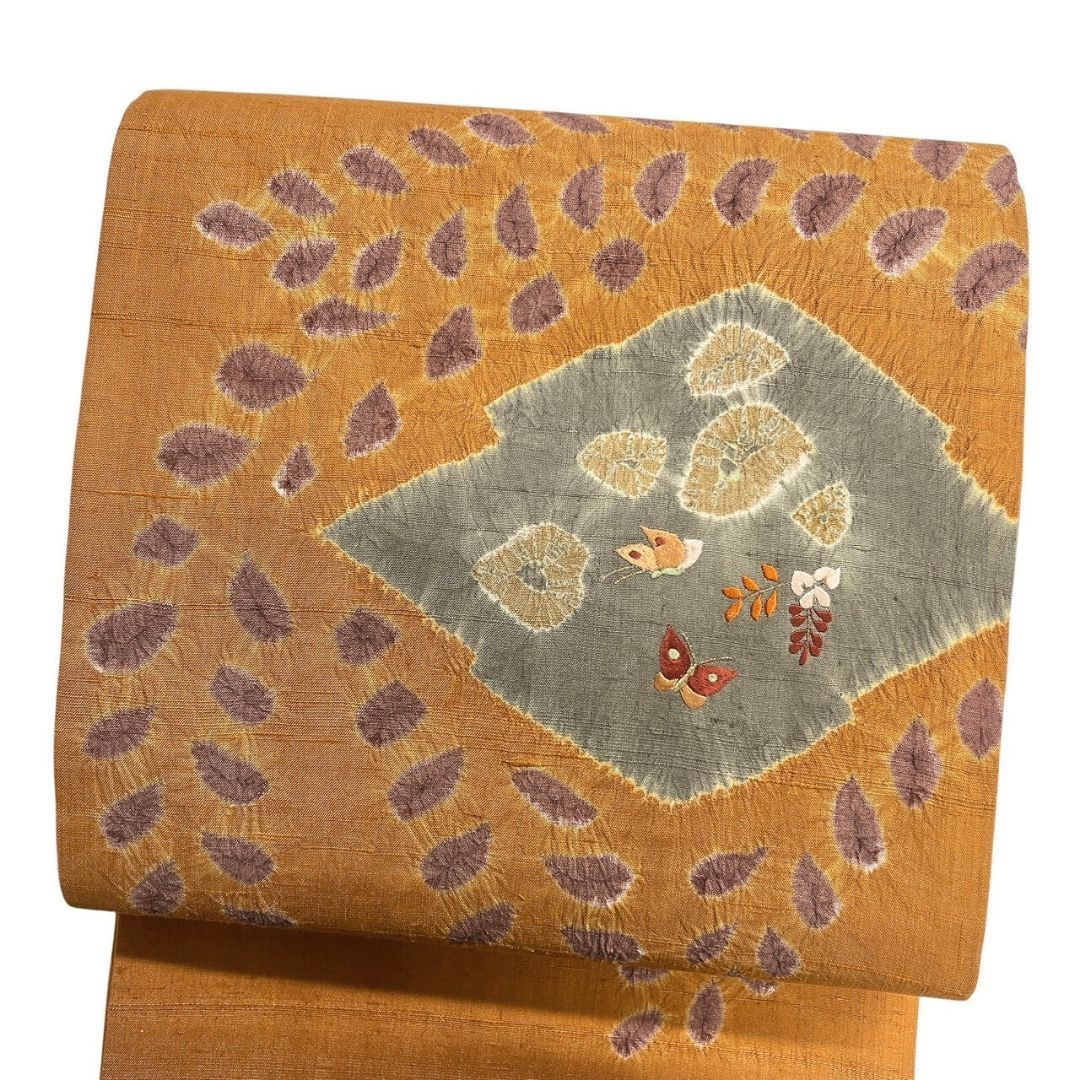 未着用　袋帯　辻ヶ花　絞り　ぼかし染め　金通し　藤　芝草　着物　035a d 未着用 袋帯 辻ヶ花 絞り ぼかし染め 金通し 藤 芝草 着物 035a d