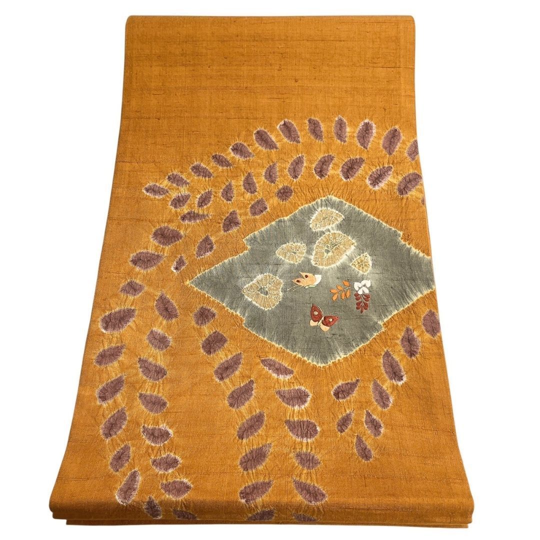 未着用 袋帯 紬 刺繍 絞り 藤の花 蝶模様 着物 113 b p ms
