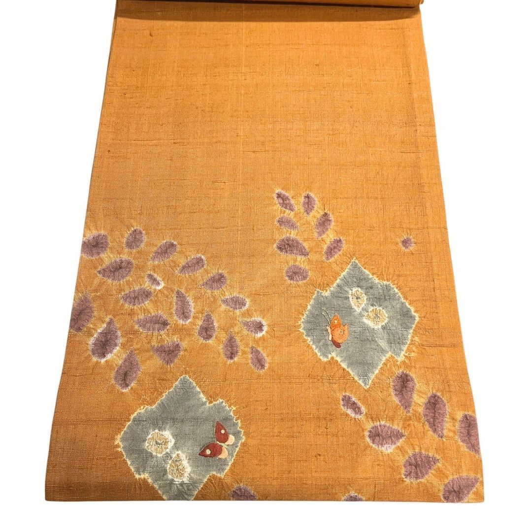  未着用 袋帯 紬 刺繍 絞り 藤の花 蝶模様 着物 113 b p ms 袋帯 帯