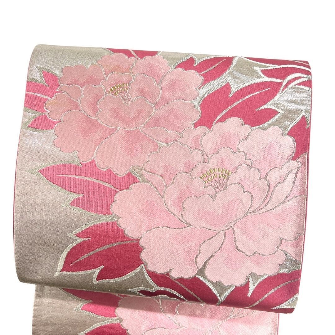 袋帯 振袖帯 牡丹 花模様 銀糸 金糸 着物 113b p ms