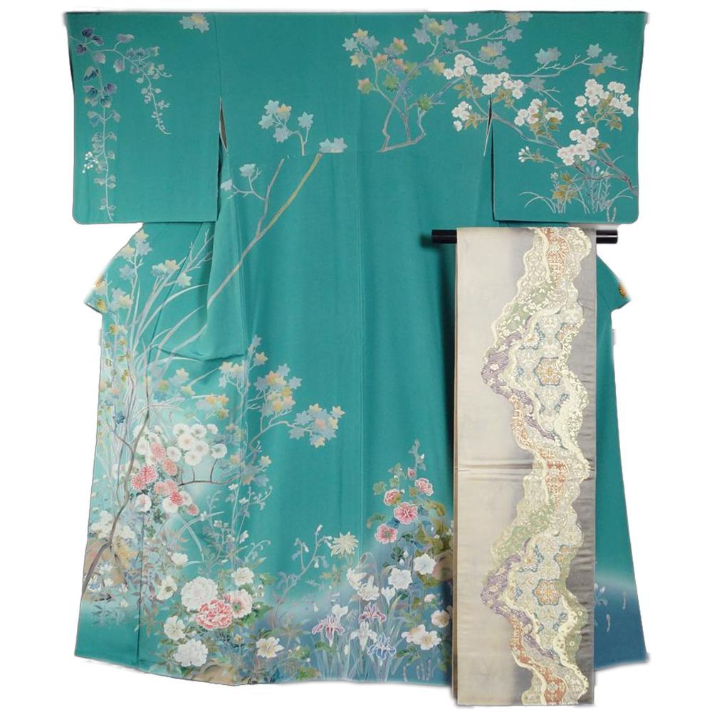 着物セット 日本画家 白鳥映雪 訪問着 袋帯 2点 セット 春秋百花模様 Lサイズ 作家物 落款有り リサイクル着物 付下げ 正絹 着物 販売