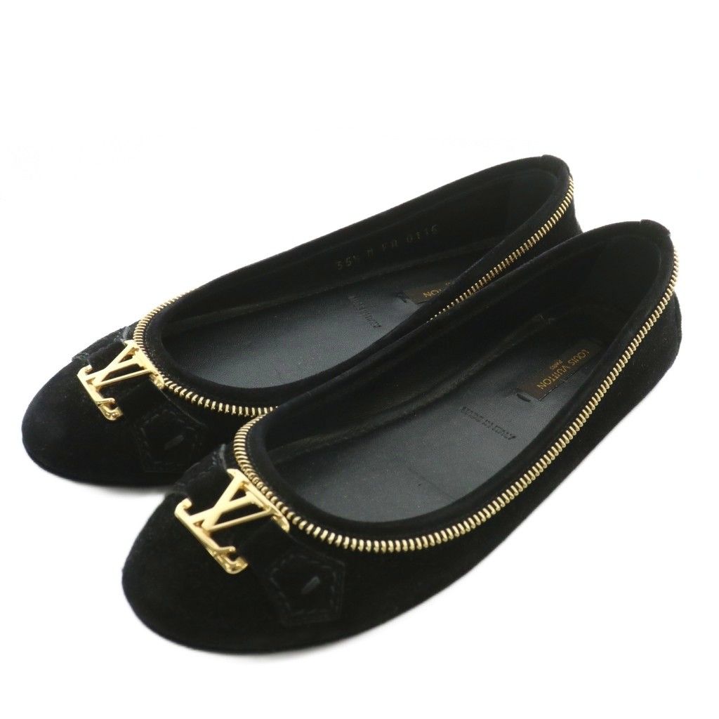ルイヴィトン LOUIS VUITTON フラットバレリーナオックスフォード ドライビングシューズ バレエシューズ スエード ラウンドトゥ ロゴ ゴールド金具 35.5 23 cm 黒 ブラック XZ GY 40
