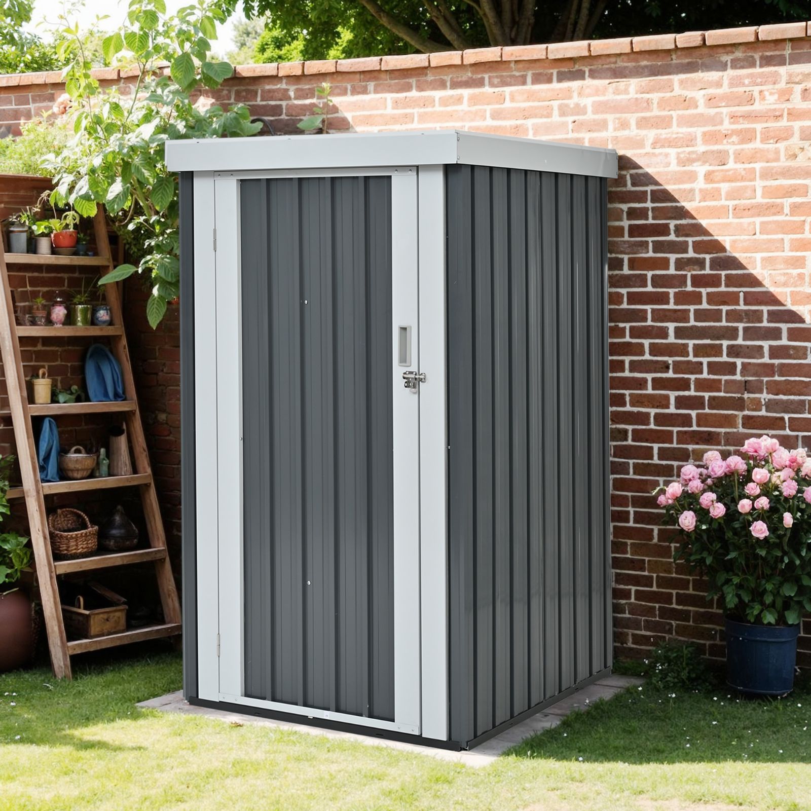 物置 屋外 スチール 倉庫 戸外収納庫 L96 W94 H165cm 物置き おしゃれ 大型 収納庫 屋外物置 防さび ベランダ 防水 ドア 引戸 スチール物置 屋外収納 ロック付き ガーデニング 庭 グレー