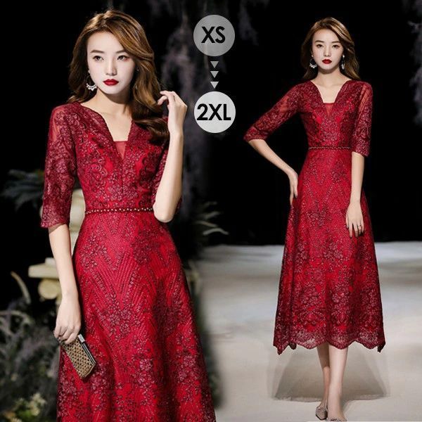ドレス 大人 ピアノ 発表会 ミモレ丈ドレス 演奏会 結婚式 母親 パーティードレス ミモレ丈 ワンピース フォーマルドレス イブニングドレス Aライン 30代 40代 50代 大きめ 親族 レース 袖あり 成人式 同窓会 お呼ば