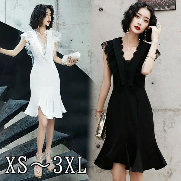 ドレス 大人 ピアノ 発表会 イブニングドレス Vネック パーティードレス ショート丈ドレス 演奏会 結婚式 成人式 Aライン ホワイト ブラック 大きいサイズ ワンピース 上品 フォーマル ファスナー XS S M L XL 2XL 3