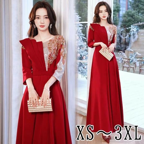 ドレス 大人 ピアノ 発表会 イブニングドレス ミセス パーティードレス ロングドレス ミモレ丈ドレス 演奏会 結婚式 成人式 Aライン レッド 大きいサイズ ワンピース 上品 フォーマル ファスナー XS S M L XL 2XL 3X