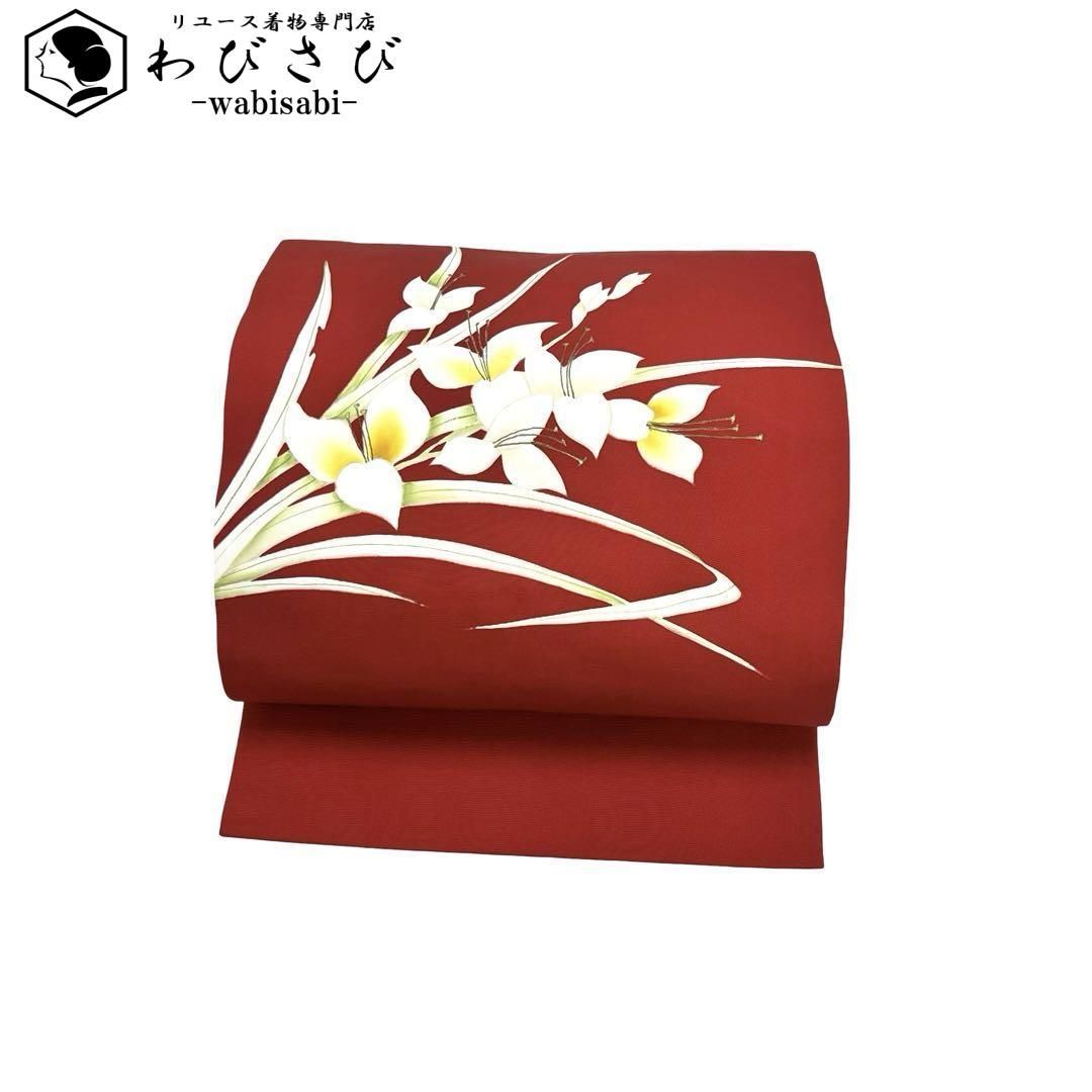 名古屋帯 花模様 塩瀬 金彩 長尺 紅赤色 O-4655