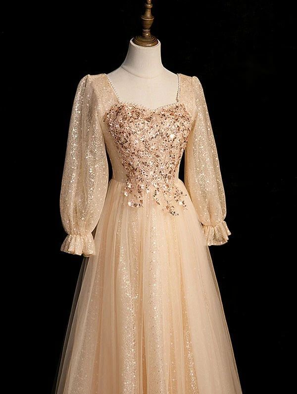 イブニングドレス 大人 ピアノ 発表会 ロングドレス 母親 結婚式 演奏会用ドレス ウエディング 二次会 大きいサイズ エレガント ステージドレス パーティードレスブ 長袖 Aライン 披露宴 プリンセスライン シャンパ