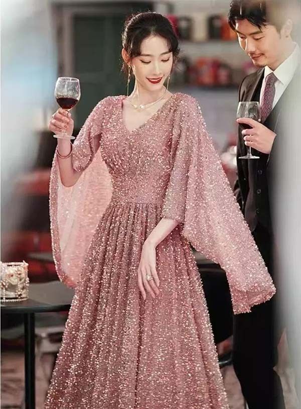 ドレス 大人 ピアノ 発表会 イブニングドレス ミセス Vネック キラキラ パーティードレス ロングドレス 演奏会 結婚式 成人式 Aライン ピンク 大きいサイズ ワンピース 上品 フォーマル ファスナー XL 2XL 3XL 4XL 5