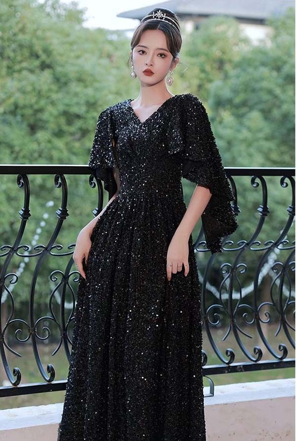 ドレス 大人 ピアノ 発表会 イブニングドレス ミセス Vネック キラキラ パーティードレス ロングドレス 演奏会 結婚式 成人式 Aライン ブラック 黒 大きいサイズ ワンピース 上品 フォーマル ファスナー L XL 2XL 3X