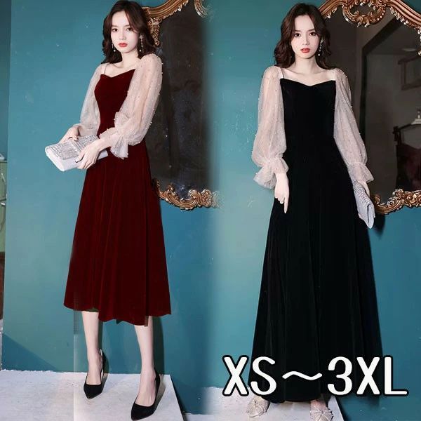 ドレス 大人 ピアノ 発表会 イブニングドレス ミセス パーティードレス ロングドレス ミモレ丈ドレス 演奏会 結婚式 成人式 Aライン ブラック 黒 ワインレッド 大きいサイズ ワンピース 上品 フォーマル ファスナー